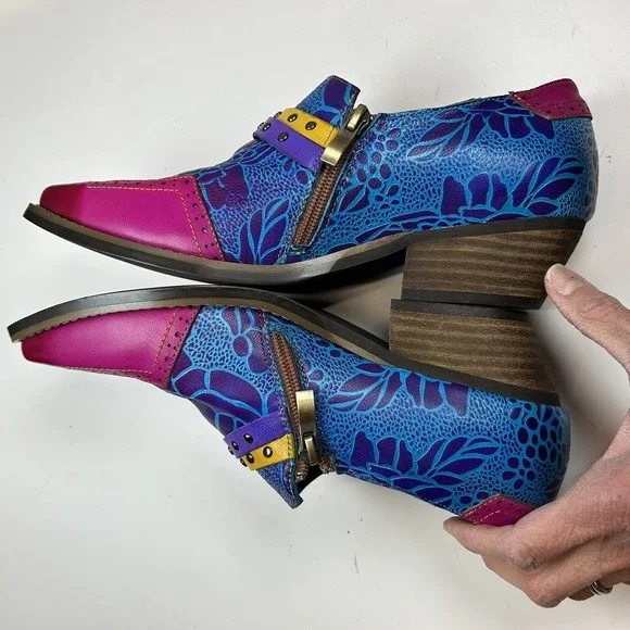 SOFFIA FLOWER-ACCENT GENUINE LEATHER BOOTIES OXFORD SHOE Colorful Unique US 8/9 - Picture 4 of 7